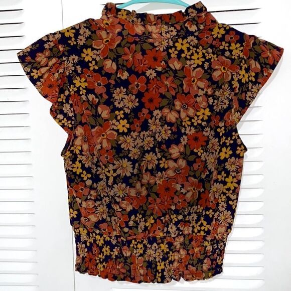 Retro Flower Blouse Navy Rust Red Boho - Picture 2 of 2